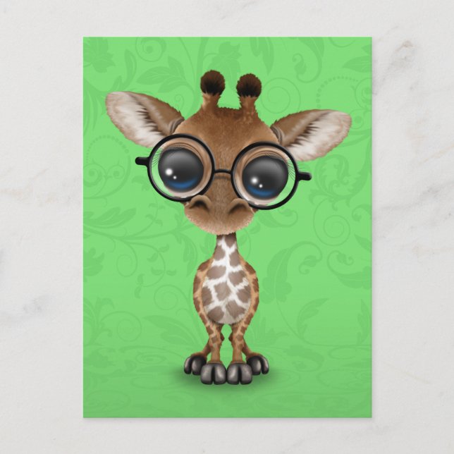 Cute Curious Baby Giraffe Wearing Glasses on Green Postcard (Front)