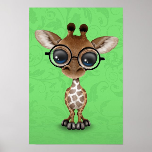 Cute Curious Baby Giraffe Wearing Glasses on Green Poster (Front)