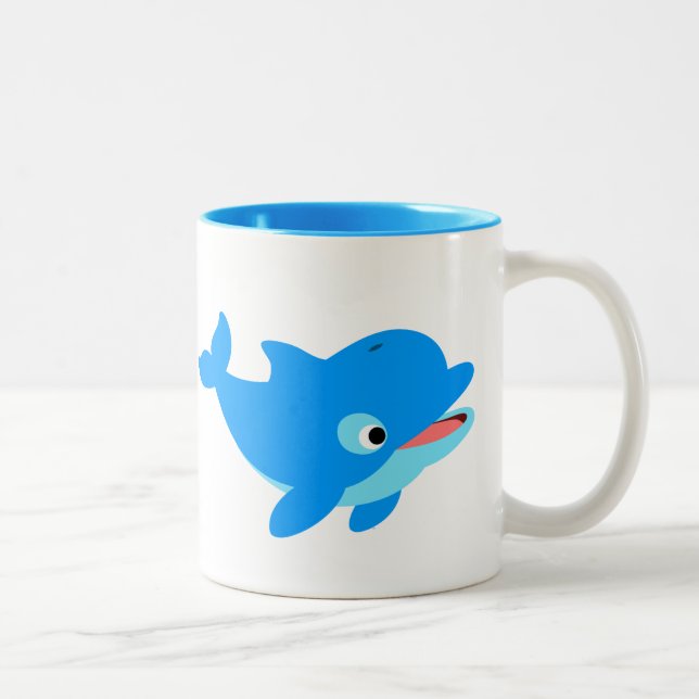 Cute Curious Cartoon Dolphin Two-Tone Coffee Mug (Right)
