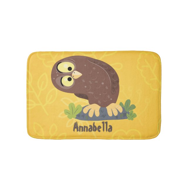 Cute curious funny brown owl cartoon illustration bath mat (Front)