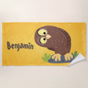 Cute curious funny brown owl cartoon illustration beach towel