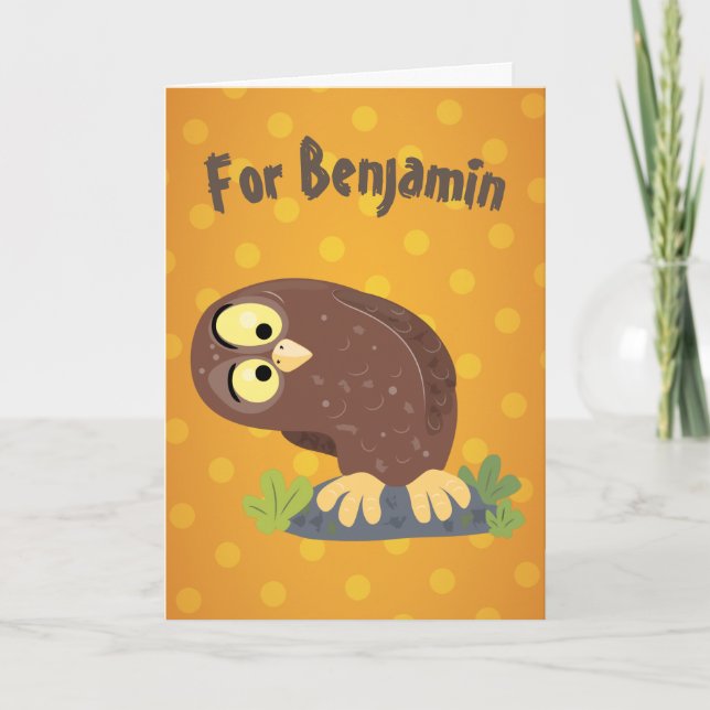Cute curious funny brown owl cartoon illustration card (Front)