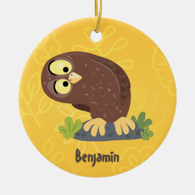 Cute curious funny brown owl cartoon illustration ceramic tree decoration (Front)