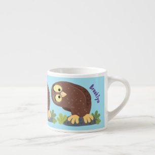 Cute curious funny brown owl cartoon illustration espresso cup