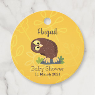 Cute curious funny brown owl cartoon illustration favour tags