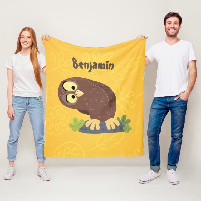 Cute curious funny brown owl cartoon illustration fleece blanket (In Situ)