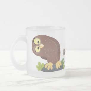 Cute curious funny brown owl cartoon illustration frosted glass coffee mug