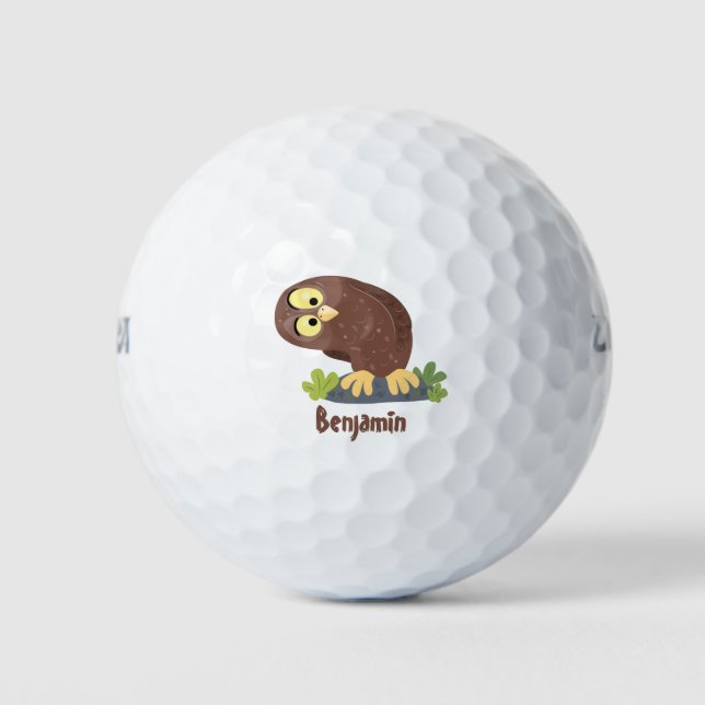 Cute curious funny brown owl cartoon illustration golf balls (Front)