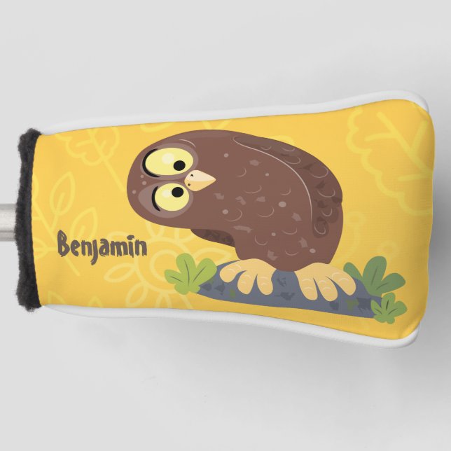 Cute curious funny brown owl cartoon illustration golf head cover (Front)