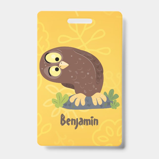 Cute curious funny brown owl cartoon illustration ID badge (Front)