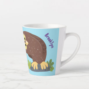 Cute curious funny brown owl cartoon illustration latte mug