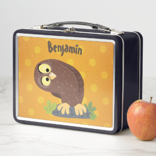 Cute curious funny brown owl cartoon illustration metal lunch box