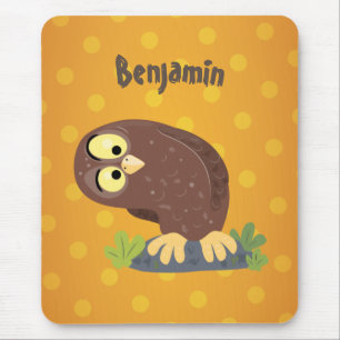 Cute curious funny brown owl cartoon illustration mouse pad
