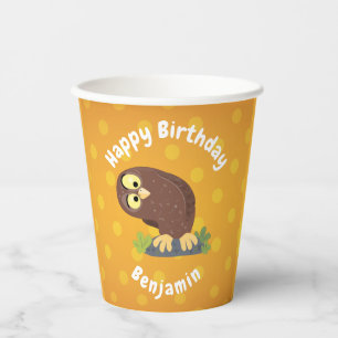 Cute curious funny brown owl cartoon illustration paper cups