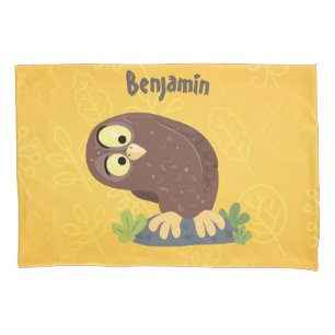 Cute curious funny brown owl cartoon illustration pillowcase