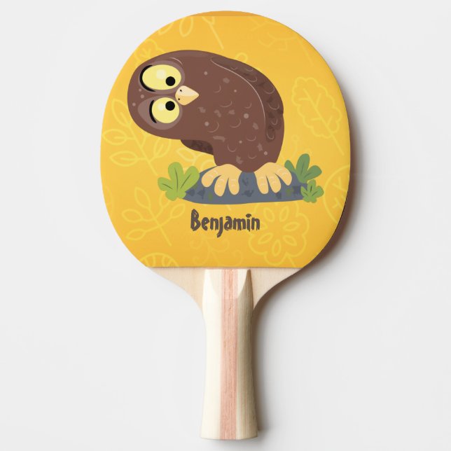 Cute curious funny brown owl cartoon illustration ping pong paddle (Front)