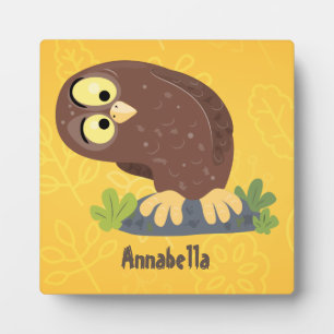Cute curious funny brown owl cartoon illustration plaque