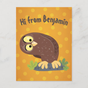 Cute curious funny brown owl cartoon illustration postcard