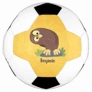 Cute curious funny brown owl cartoon illustration soccer ball