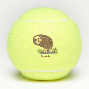 Cute curious funny brown owl cartoon illustration tennis balls