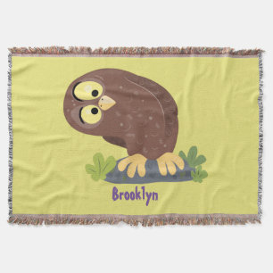 Cute curious funny brown owl cartoon illustration throw blanket