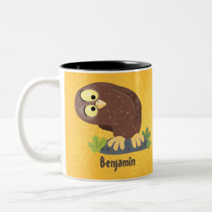 Cute curious funny brown owl cartoon illustration Two-Tone coffee mug