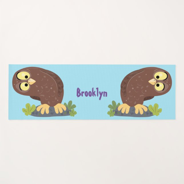 Cute curious funny brown owl cartoon illustration yoga mat (Front (Horizontal))