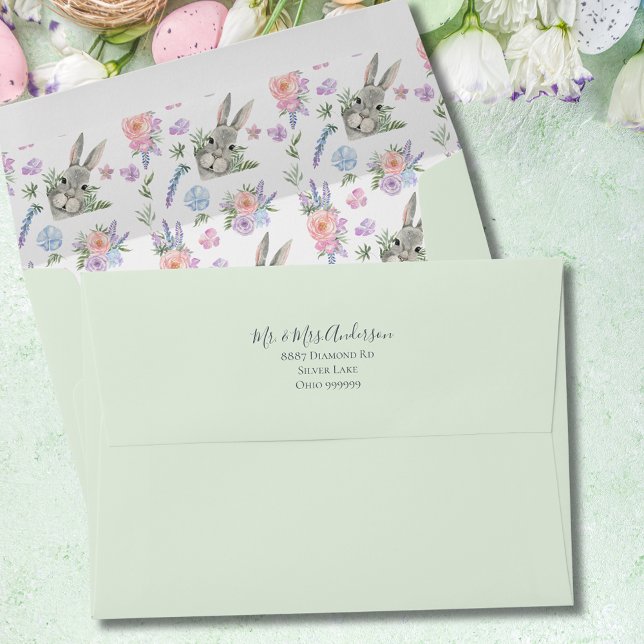 Cute Curious Grey Bunny Purple Floral Green Envelope (Creator Uploaded)