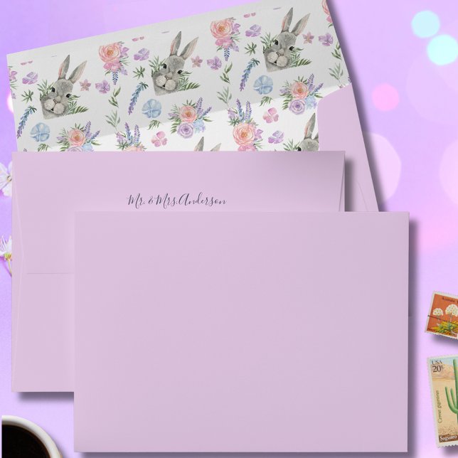 Cute Curious Grey Bunny Purple Floral Lilac Envelope (Creator Uploaded)
