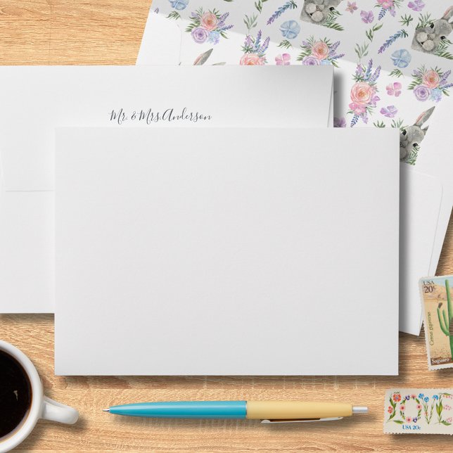 Cute Curious Grey Bunny Purple Floral White Envelope (Creator Uploaded)