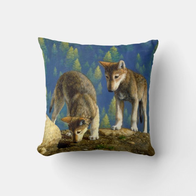 Cute Curious Grey Wolf Pups Cushion (Front)
