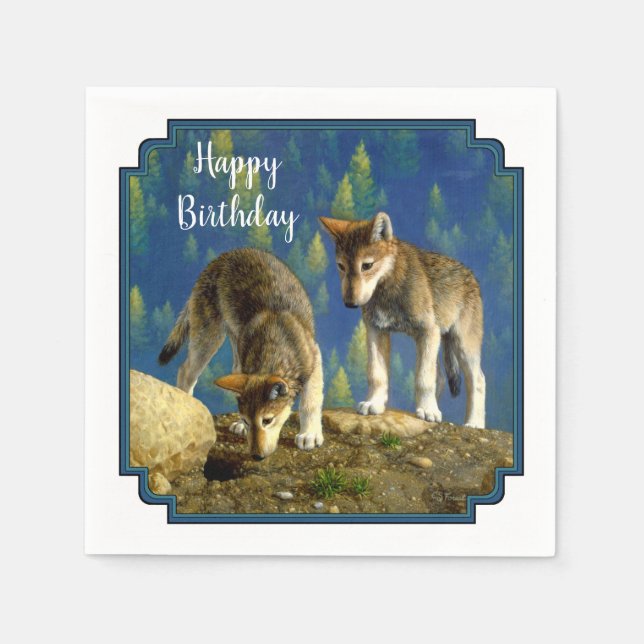 Cute Curious Grey Wolf Pups Napkin (Front)