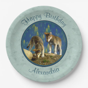 Cute Curious Grey Wolf Pups Paper Plate