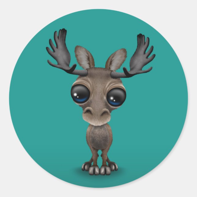 Cute Curious Moose with Big Eyes on Turquoise Classic Round Sticker (Front)