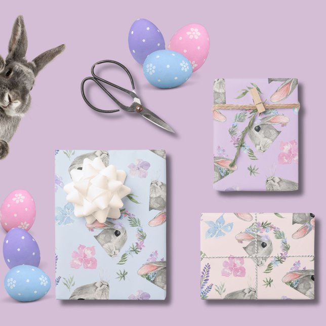 Cute Curious Rabbits Floral Pastel Pink Blue Lilac Wrapping Paper Sheet (Creator Uploaded)