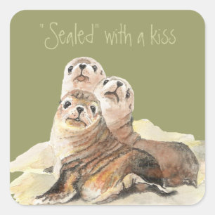 Cute Curious Seals, Sealed with a Kiss Square Sticker
