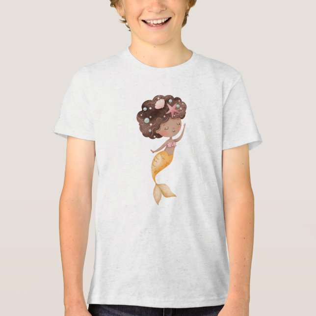 Cute Curly Hair Mermaid with Golden Tail Tri-Blend Shirt (Front)