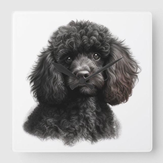 CUTE CURLY HAIRED BLACK POODLE DOG SQUARE WALL CLOCK (Front)