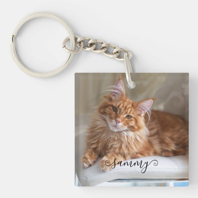 Cute Curly Name Cat Photo Key Ring (Front)