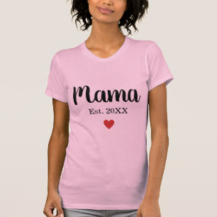 Cute Cursive Mama Established Year Red Heart T-Shirt