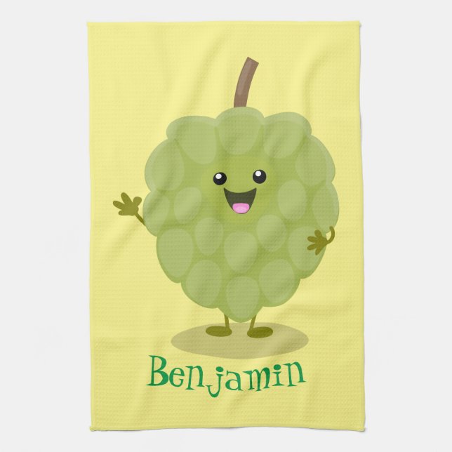 Cute custard apple cherimoya cartoon tea towel (Vertical)