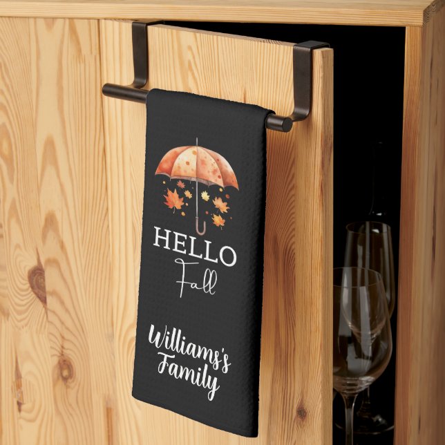 Cute Custom Autumn | Hello Fall Personalised Black Tea Towel (Thirds Fold)