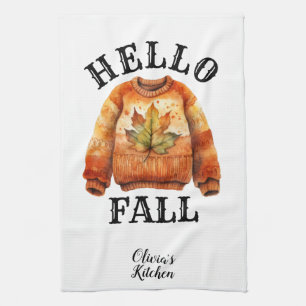 Cute Custom Autumn Hello Fall Personalised White Tea Towel