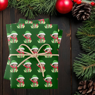 Cute Custom Baby Face Photo Elf Christmas Wrapping Paper Sheet