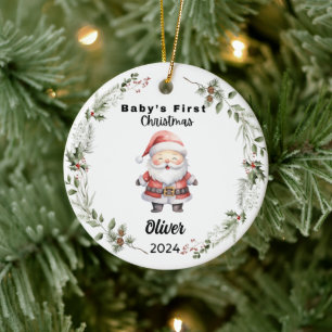 Cute Custom Baby First Watercolor Santa Ceramic Tree Decoration