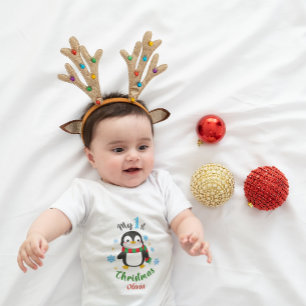 Cute Custom Baby's First Christmas Baby Penguin Baby Bodysuit