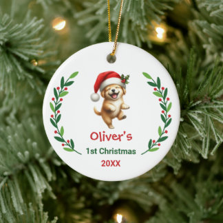 Cute Custom Baby's First Christmas Festive Puppy Ceramic Tree Decoration
