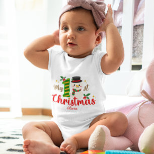 Cute Custom Baby's First Christmas Snowman Holly Baby Bodysuit