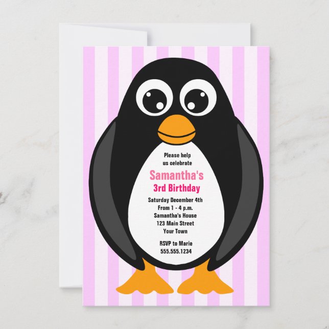 Cute Custom Birthday Party Penguin Invite - Pink (Front)
