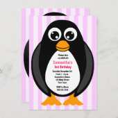 Cute Custom Birthday Party Penguin Invite - Pink (Front/Back)